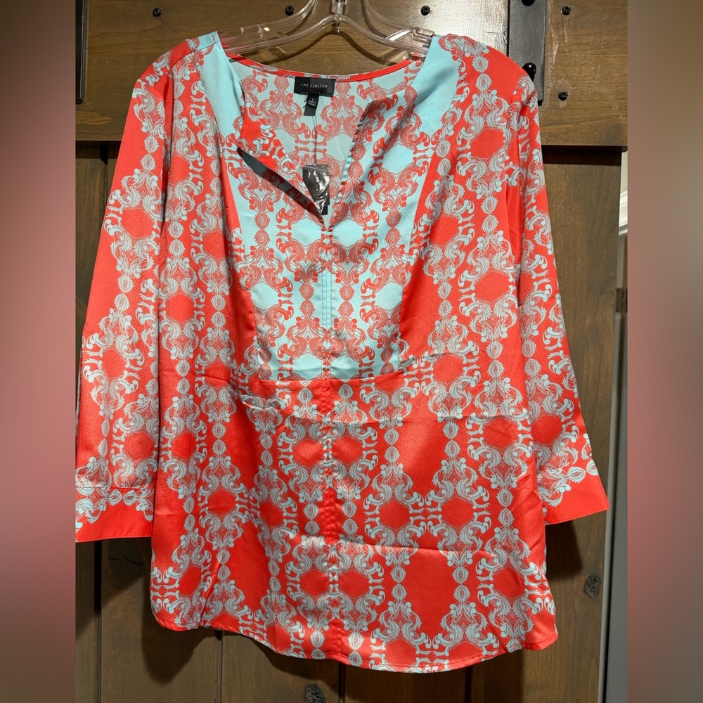 The Limited Coral and Turquoise Satiny Patterned Top